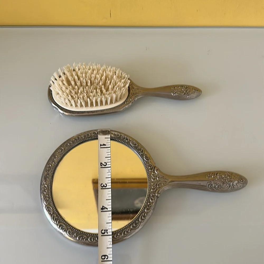 Vanity Hand Held Mirror and Brush Set Ornate Victorian Silverplate